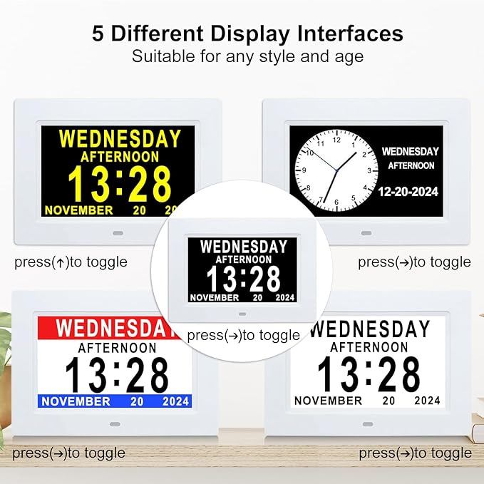 Johnziny 7 Inch Digital Clock with Day and Date for Elderly Large Display for Elderly Dementia Clock Customizable Alarms, 12 Alarms,4 Colors Display Digital Calendar Alarm Clock (White)