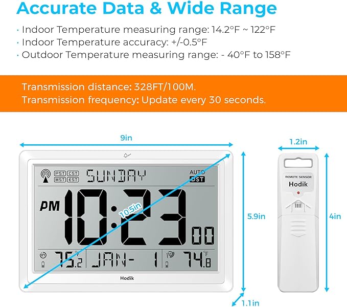 HODIK Wall Clock Atomic with Indoor Outdoor Temperature Battery Powered, Easy Reading with 10.5 Inch LCD Display, 330FT Range Table Wall Clock with DST, 12/24 Hour for Living Room Kicthen (White)