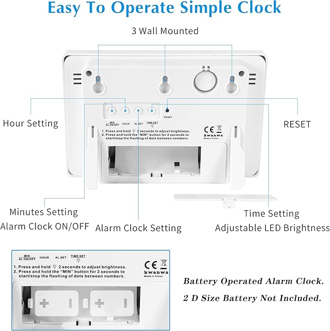KWANWA Large Digital Alarm Clock, 3" LED Display Battery Operated, Dimmable Auto Night Mode, Easy to Read for Seniors Visually Impaired, Cordless Wall Clock or Table Clock for Bedroom Kitchen RV