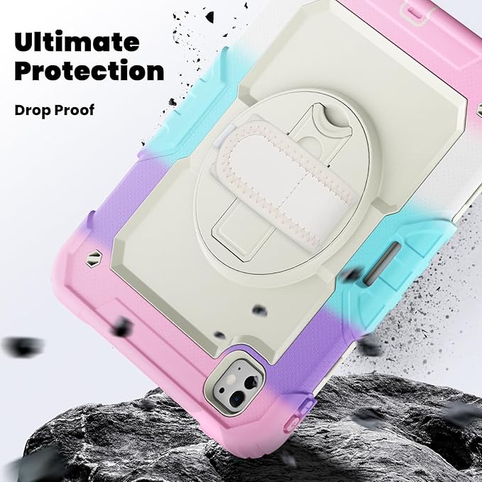 Dteck for iPad Pro 11 inch (M4/M5) 2024/2025 Shockproof Case with Screen Protector/Stylus Pencil Holder/Rotating Kickstand/Grip Hand Strap, Heavy Duty Protective Rugged Tablet Cover, Colorful Pink