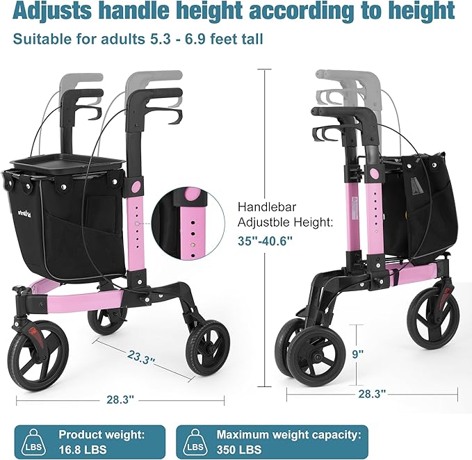 3 Wheel Walkers for Seniors, Foldable Rollator Walker with Tray & Large Storage Bag, 10" Big Wheel for All Terrain, 350 lb Weight Capacity, Pink
