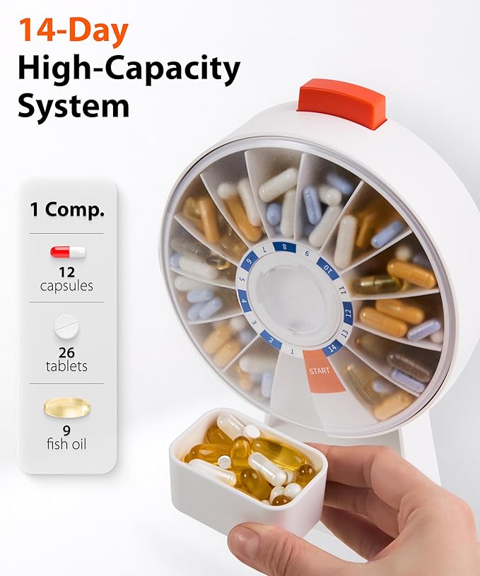 14-Day Rotating Pill Dispenser Wheel Push Button Wall-Mount or Desktop Vitamin Organizer