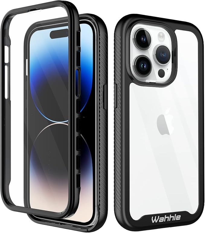 wahhle Compatible with iPhone 14 Pro Case, Full-Body Protection Phone Cover with Screen Protector Built-in, Touch Sensitive, Anti Scratch Shockproof TPU Bumper Case for 14 Pro 6.1 Inches-Black/Clear