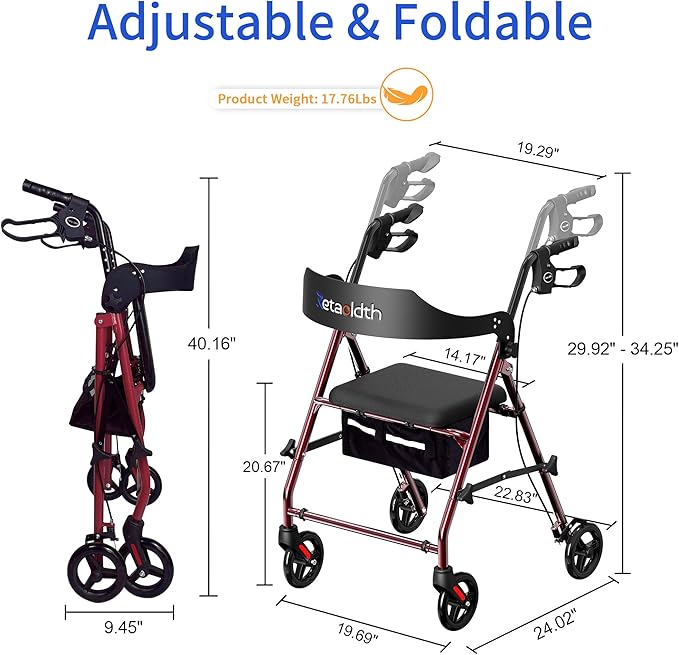Rollator Walkers for Seniors with Seat, Foldable & One-Hand Carry, Upgraded Rolling Walker with Seat for Seniors, Handles Height Adjustable Rolling Walker for Seniors, Walking & Seated Rest, Red
