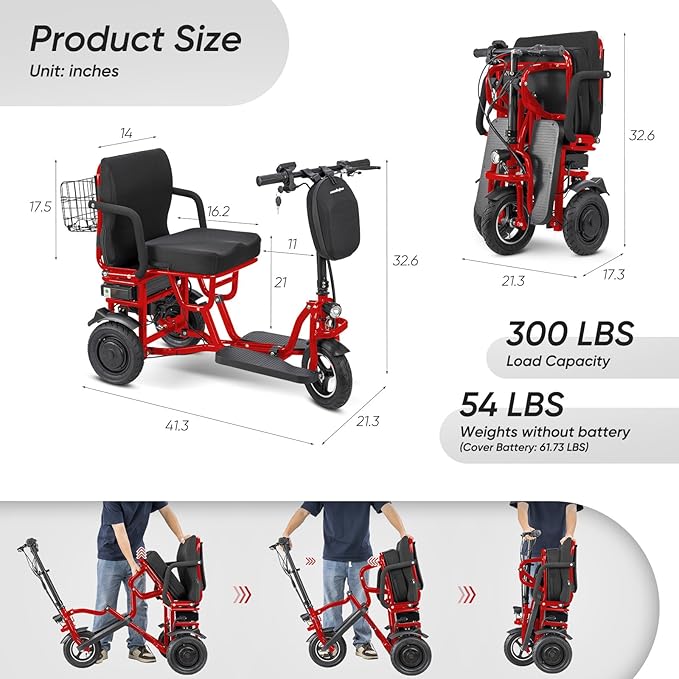 3 Wheel Mobility Scooter for Seniors Adults 300 lbs, 700W, 48V10AH Battery Travel Folding Scooters Lightweight Handicap Scooter Elderly Collapsible Electric Mobility Scooters Foldable