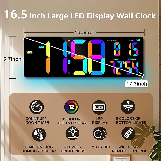 16.5" Large Digital Wall Clock, Bluetooth Sync Time, Count Down Timer, Dual Alarm, Big LED RGB Color, Auto DST, Digital Clock for Living Room Classroom Desk, Christmas Birthday Gift for Senior Mom Dad