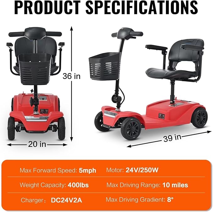 Mobility Scooter for Adults&Seniors - Electric Powered Wheelchair Device - 400 lb Capacity Compact Heavy Duty Mobile for Travel, Adults, Elderly - Long Range Power Extended Battery -Red