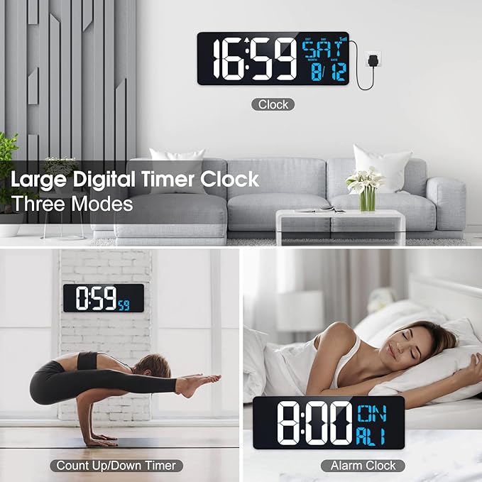 17 Inch Digital Wall Clock Large Display Bluetooth Sync Time, Auto-Dimming Digital Wall Clock with Remote, Date/Week/Temperature/DST, Plug-in Digital Clock for All Large Spaces Use, Gift