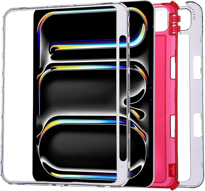 Dteck for iPad Pro/Air 13" (M5/M4/M3/M2), Pro 12.9" (6th/5th/4th/3rd Gen) Clear Case with Pencil Holder/Screen Protector Film/Stylus, 3 Layers Protective Lightweight Slim Transparent Back Cover, Red