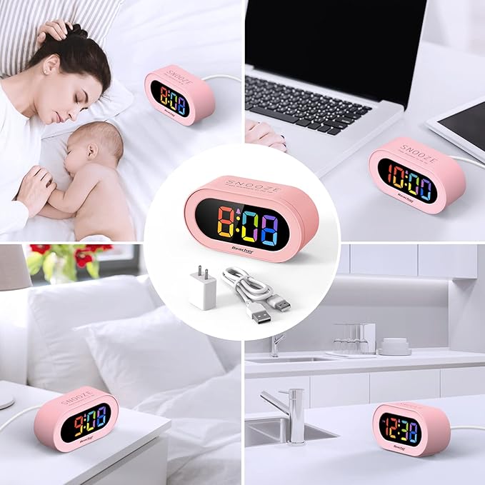 REACHER Pink Girls Alarm Clock, Dimmable Colorful LED Digital Display, USB Phone Charger Port, Simple Operation for Kids, Adults, Adjustable Volume, Snooze, Small Size for Bedrooms, Bedside, Desk
