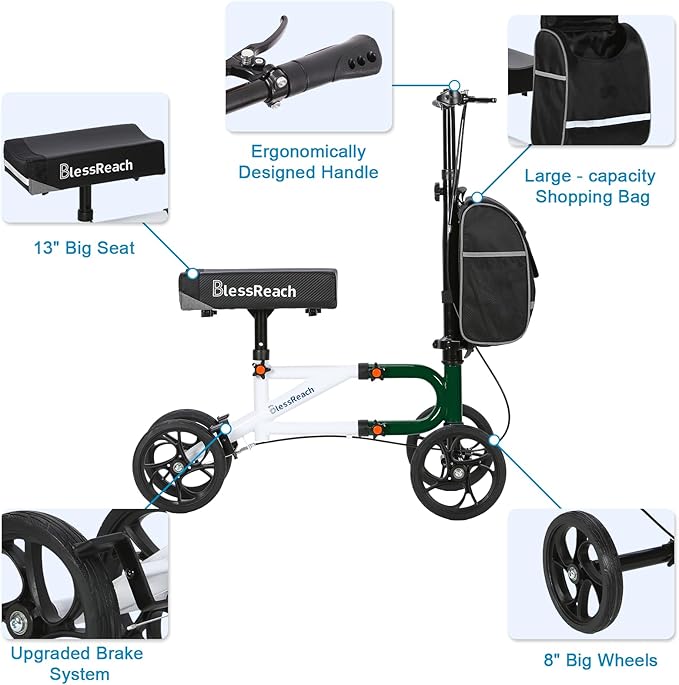 BlessReach Knee Scooter Steerable Knee Walker for Foot Injuries Compact Crutch Alternative with Dual Braking System (Green)