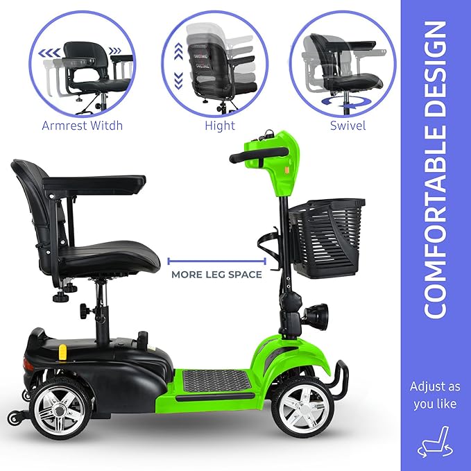DECOMIL – Portable Mobility Scooter for Seniors, Foldable Electric Powered Scooter. Medical Travel Scooter for Adults, 4 Wheels, Lightweight and Portable (Green)