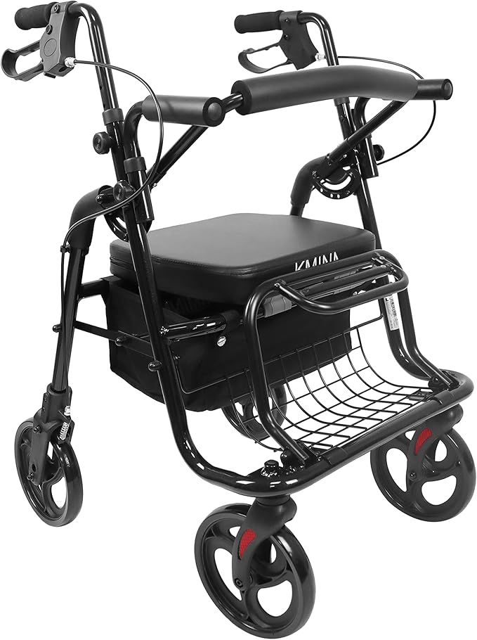 KMINA 2 in 1 Rollator Walker Wheelchair Combo for Smooth Terrain, Foldable Aluminum Rollator with Footrests and Pressure Brakes, Convertible to a Transport Chair, Black