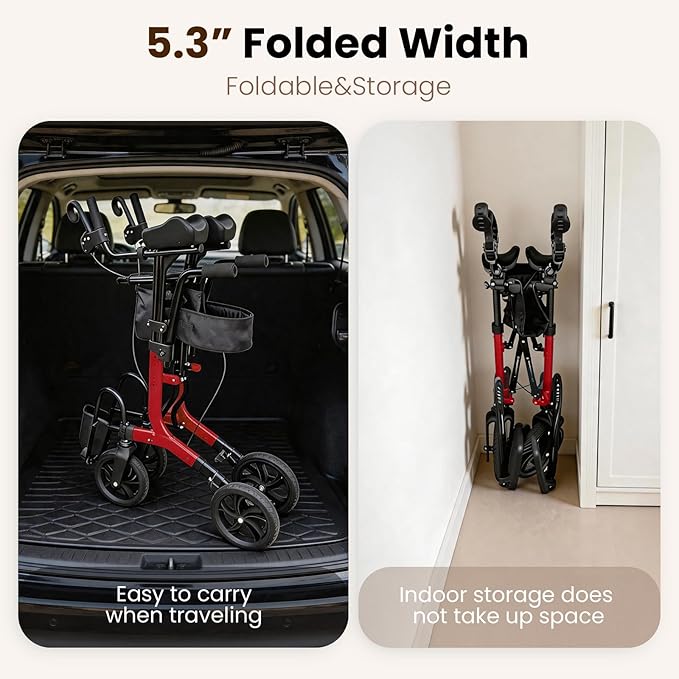 Upright Walkers for Seniors 450 lbs Capacity, 22 lbs Foldable Lightweight Walkers for Seniors with Seat, Armrest and Pedal, Height Adjustable Rollator Walker with Seat for Travel & Gift (Red)