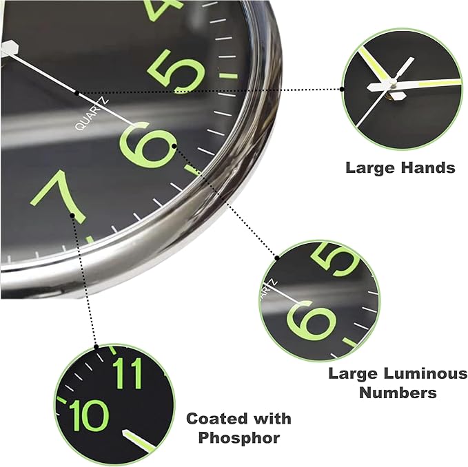 12 Inches Night Light Wall Clocks - with Silent Non-Ticking Glowing Function - Big Solid Numbers Easy to Read Both Day and Night (Black)