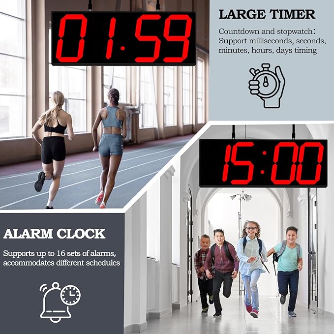CHKOSDA 19.5'' Large Digital Wall Clock with Double Sided Display,Multi-Functional LED Hanging Digital Clock with Adjustable Brightness,Suitable for Offices, Warehouses, Corridors (Red)