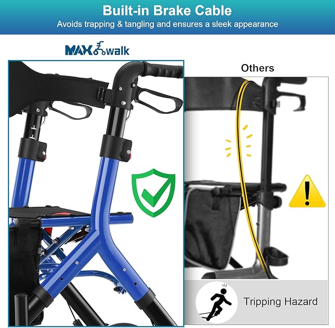 MAXWALK Rollator Walker with Seat, Tall Walkers for Seniors, 12" Big Rubber Wheels All Terrain Rollator Walker with Backrest, Built-in Cable, Foldable and Dual Adjustable Height for 5.3-7ft, Blue