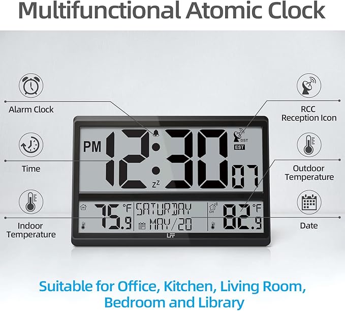 LFF Atomic Clock 4.5" Numbers, 15'' Large Display Atomic Wall Clock Never Needs Setting, Indoor Outdoor Temperature with Wireless Outdoor Sensor, Battery Powered, Clock for Home Office