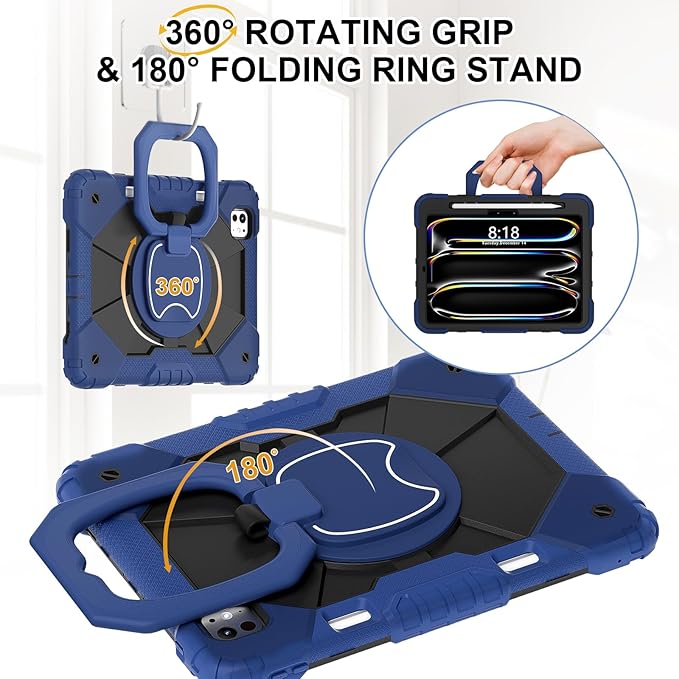 Dteck for iPad Pro 11 inch (M4/M5) 2024/2025 Release Shockproof Case with Shoulder Strap/Pencil Holder/Rotating Kickstand Handle, Heavy-Duty Sturdy Rugged Cover, Protective Tablet Shell, Blue Black
