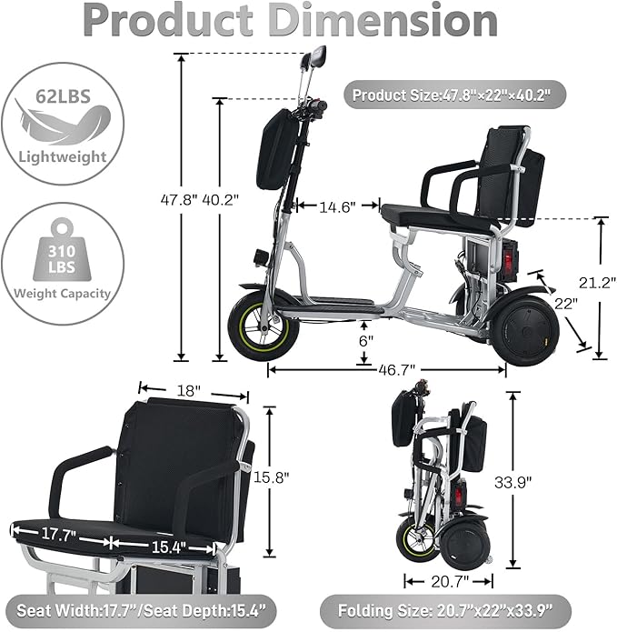 3-Wheel Folding Mobility Scooter Foldable Lightweight Electric Scooter for Adults & Seniors, Detachable Lithium Battery, Long Range 28 Miles, 3-Speed, with Rearview Mirror & Turn Signal (Silver)