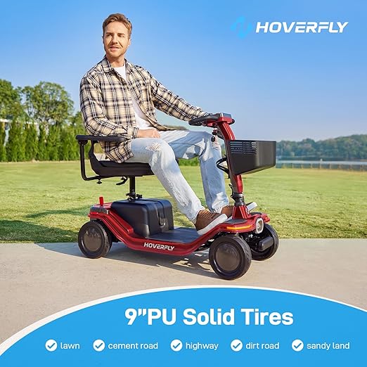 Hoverfly T5 Mobility Scooter for Seniors, Max 16.8-Mile Range & 5 mph, 3-Position Seat & Anti-Slip Rear Wheel, Removed Battery & Quick Fold Design, Solid 9" Tire&330 lb Capacity, Ease of Assembly Red