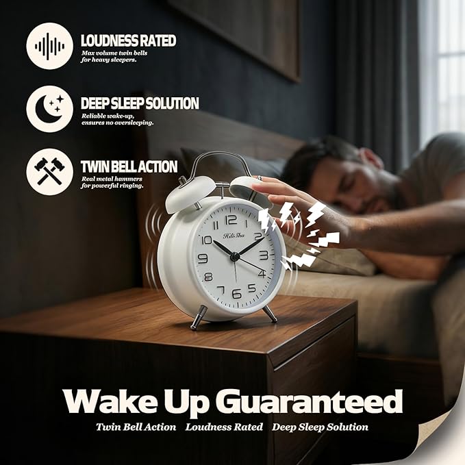 Loud Alarm Clock for Heavy Sleepers, 6 inch Battery Operated Twin Bell Alarm Clock with Night Light, Silent Non Ticking Analog Small Clock Decor for Bedroom, Bedside, Living Room
