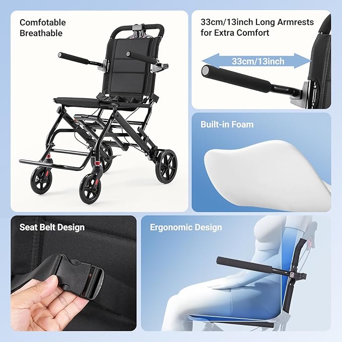 22lbs Ultra Lightweight Folding Transport Wheelchair for Adults & Seniors, Portable Travel Wheelchair with Telescopic Handle (Black)