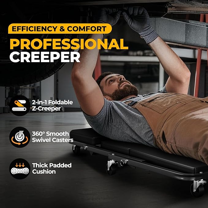 Auto Dynasty 36" Z-Creeper Seat, 2-in-1 Foldable Garage Creeper Shop Seat, 330 LBS Capacity Automotive Mechanic Repair Under Car Rolling Creeper Seat, Black