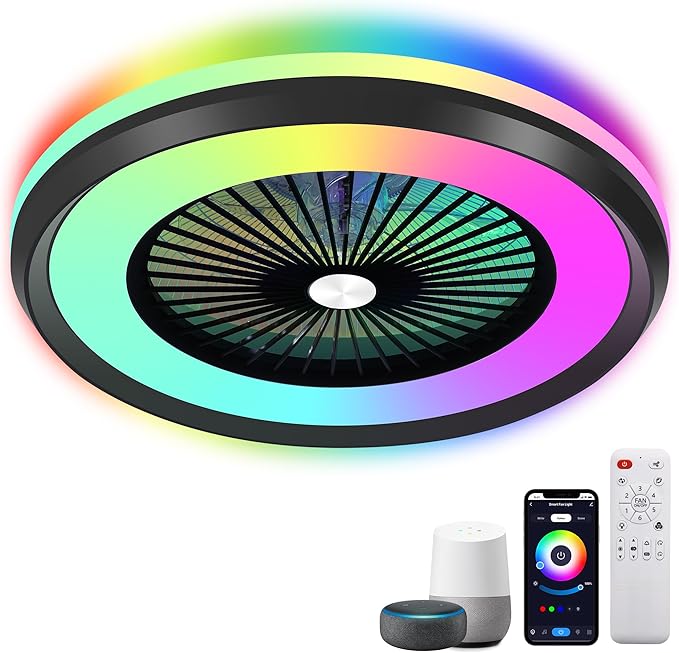 24" Bladeless Ceiling Fans with Lights and Remote/APP/Voice Control, Low Profile Ceiling Fans with with Alexa, Smart Modern Ceiling Fan Dimmable LED Light 6 Speeds Timing Reversible