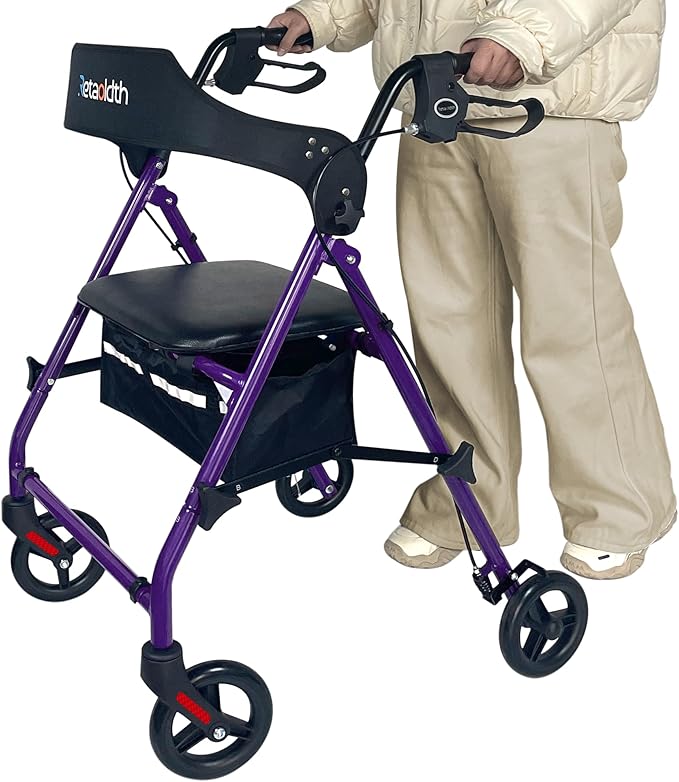 Rollator Walkers for Seniors with Seat, Foldable & One-Hand Carry, Upgraded Rolling Walker with Seat for Seniors, Handles Height Adjustable Rolling Walker for Seniors, Walking & Seated Rest, Purple