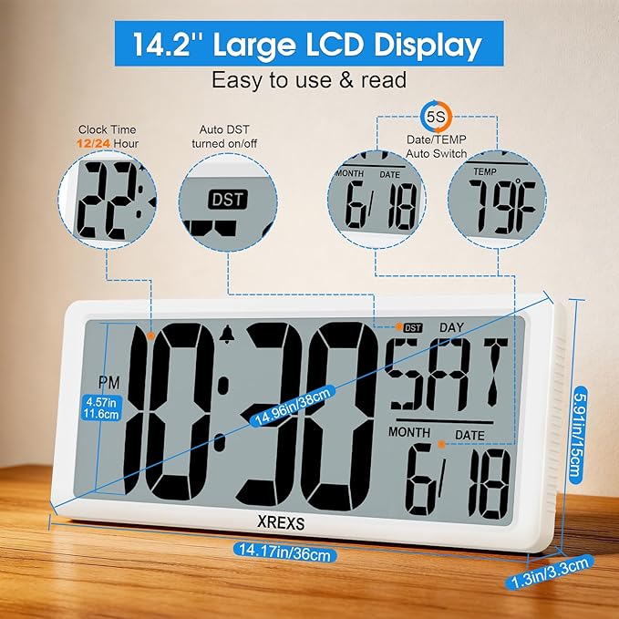 XREXS Large Digital Wall Clock, Electronic Alarm Clocks for Bedroom, Count Up & Down Timer, Battery Operated 14.17 Inch Large LCD Screen with Time/Date/Temperature Display