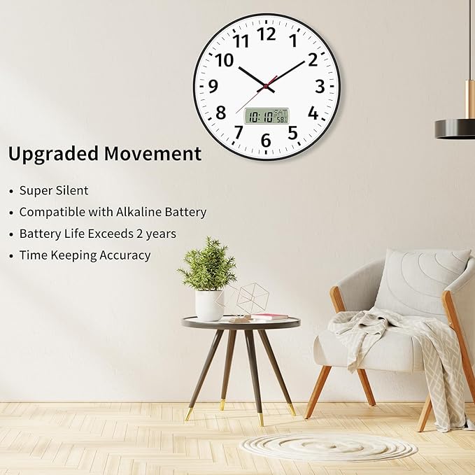 Foxtop 14 Inch Digital Wall Clock with Time, Day of Week and Temperature, Silent Non-Ticking Battery Operated Round Digital and Analog Black Wall Clock for Office Classroom Bedroom Home School