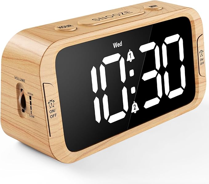 Odokee Digital Dual Alarm Clock for Bedroom, 0-100% Dimmer, Weekday/Weekend Mode, Easy to Set, USB Charger, Adjustable Alarm Volume with 5 Alarm Sounds, Snooze, 12/24Hr, Battery Backup (Wood Grain)