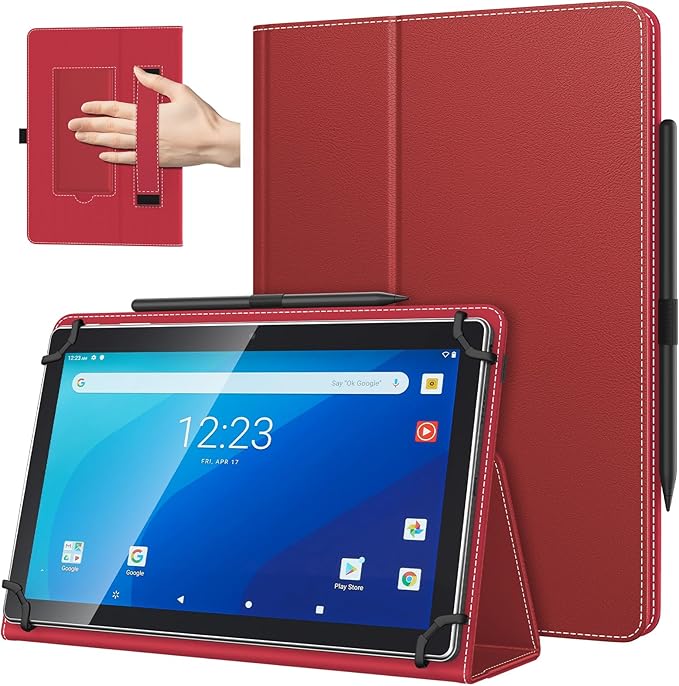 TiMOVO Universal Case for 10.1 Inch Android Tablet with Pen Loop, Lightweight Folding Stand Cover with Hand Strap for All 9.6"-11" Touchscreen Tablet, Dark Red