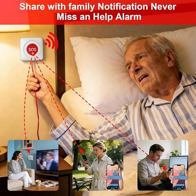 WiFi Caregiver Pager & Call Button with App Alerts, No Monthly Fee, 4 SOS Call Buttons + 1 Receiver Emergency Alert System for Elderly Seniors at Home & Nursing Care Plug & Play Caregiver Call Button