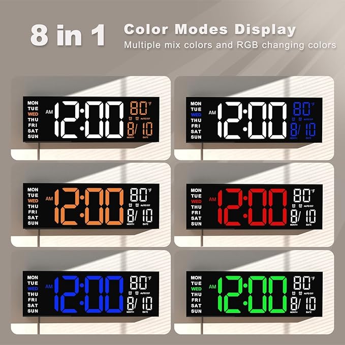 JALL 16" Large Digital Wall Mount Clock, Count Down Timer, Alarm, Big LED, RGB Color, DST, Temperature for Living Room Classroom Desk, Xmas, Birthday Gift Digital Wall Clock for Senior (White Orange)