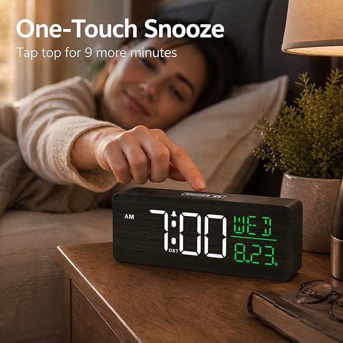 Peakeep Wooden Digital Alarm Clock Large Display, Textured Decoration for Bedroom, Living Room, Plug in Clock with Time Date Day, 5 Brightness, Auto DST
