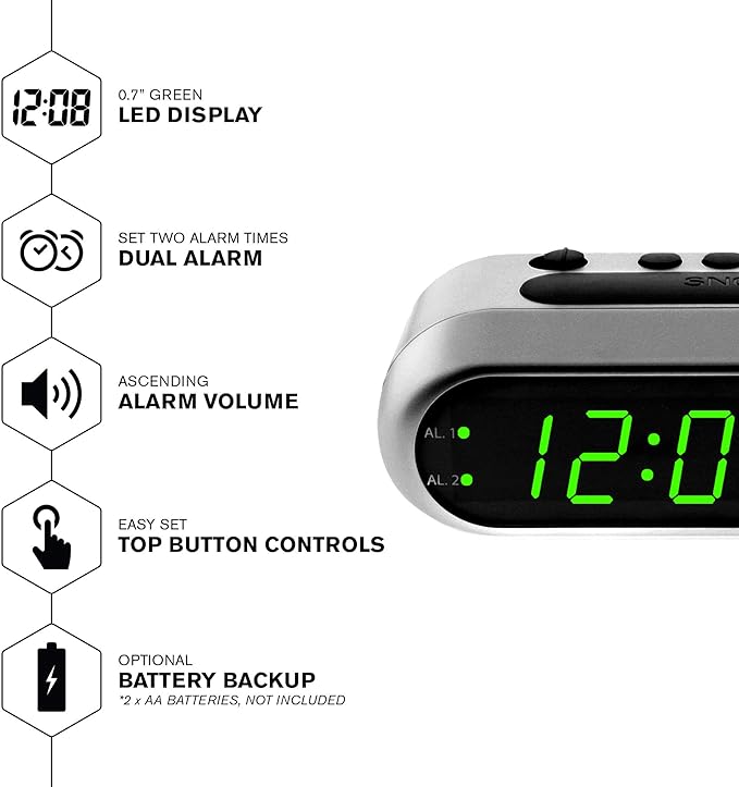 Sharp Digital Alarm Clock - Ascending Alarm Begins Faintly and Grows Increasing Louder, Gentle Wake Up Experience, Dual Alarm - Battery Back-up, Easy to Use with Simple Operation (Brushed Silver)