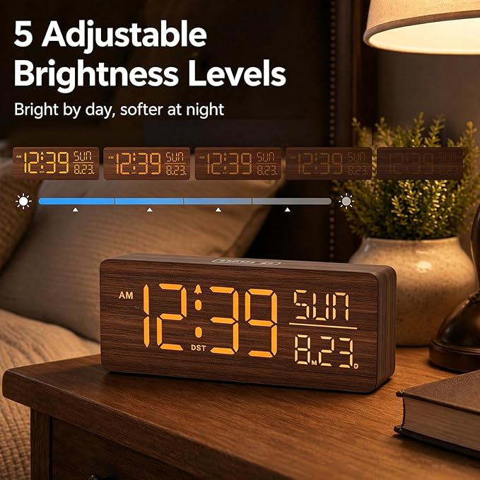 Peakeep Wooden Digital Alarm Clock Large Display, Textured Desk Table Decoration for Bedroom, Living Room, Plug in Clock with Time Date Day, 5 Brightness, Auto DST