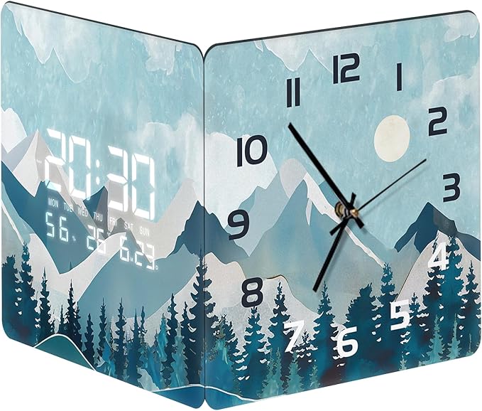 12'' Double Sided 90° Corner Wall Clock, Teal Mountain Moon, Radar Motion Activated, Analog & LED Display with Temp Humidity Date Day, Silent Non-Ticking Plug-in for Bedroom Living Room