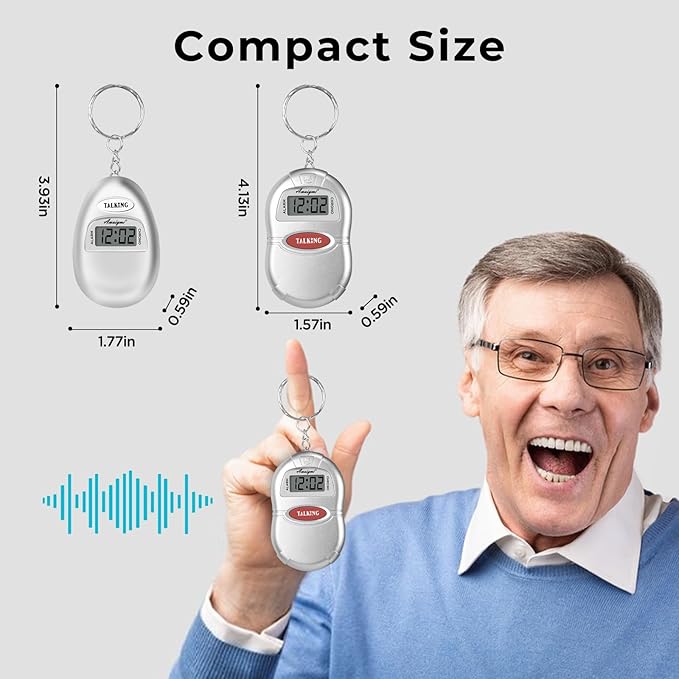 2 Pack Talking Clock for Blind Keychain Alarm - Small Digital Clock with Alarm for Visually Impaired Digital Alarm Clock for Kids, Elderly, Silver