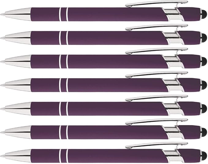 Express Pencils Rainbow Rubberized Soft Touch Ballpoint Pen with Stylus Tips a stylish, premium metal pen, black ink, medium point. Box of 7 (PURPLE)