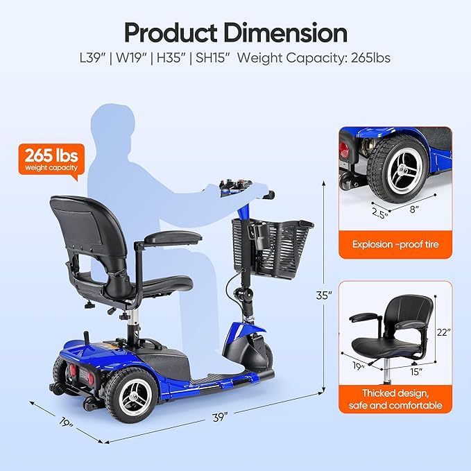 3 Wheel Mobility Scooters for Adults，Collapsible Electric Powered Wheelchair，Portable Compact Motorized Scooter for Travel，Long Range Power，Battery with Charger，Basket and Cup Holder (Blue)