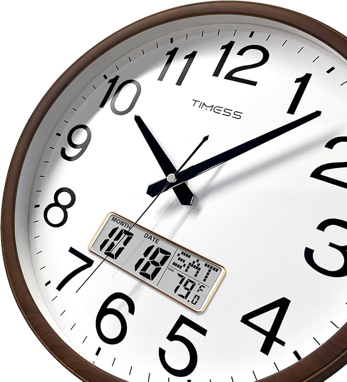 TIMESS Wall Clock, Classic Wood Style Finish, 16 Inch Non-Ticking Silent Battery Operated Quartz Analog with Perpetual Calendar and F° Temperature Display, Home, Office Décor (Wood Brown)