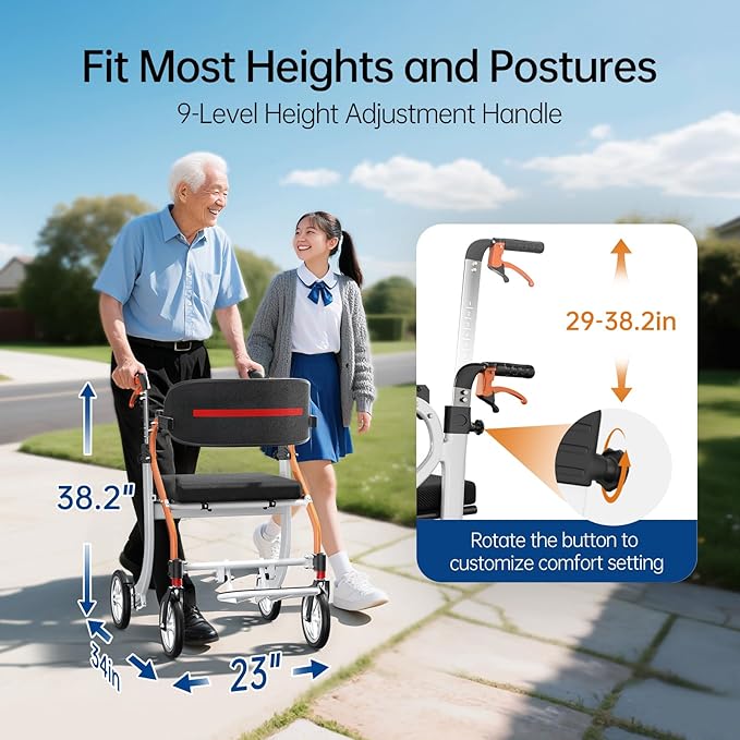 2 in 1 Walker Wheelchair Combo, Foldable Rollator Walkers for Seniors with Seat, Lightweight Rolling Walker with Height Adjustable, Easy Storage & Travel Walker Chair, No Installation, Orange