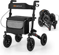 Goplus Walkers for Seniors with Seat, 2 in 1 Folding Rolling Rollator Walker with 9" Pneumatic Tires for All Terrain, Height Adjustment, Ergonomic Backrest, Aluminum Adult Mobility Walking Aid