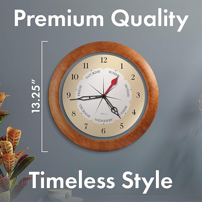 Time & Day of The Week Wall Clock with 13.5” Maple Accent Frame – – Ideal Retirement Gift for Men and Women, Day Clock for Seniors and Retirees