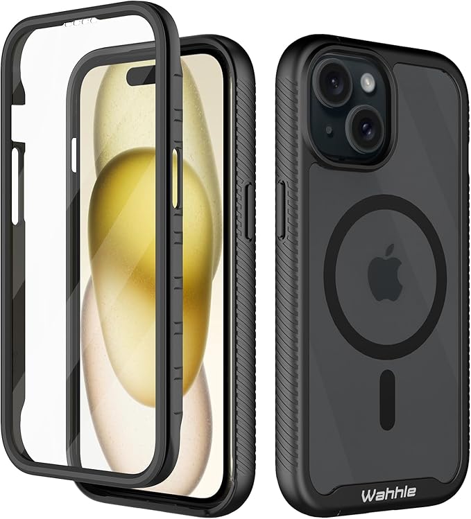 wahhle Compatible with iPhone 15 Plus Case, Magnetic Wireless Charging Built in Screen Protector Full Body Shockproof Slim Fit Bumper Protective Phone Cover 6.7'' Men Women-Black/Clear