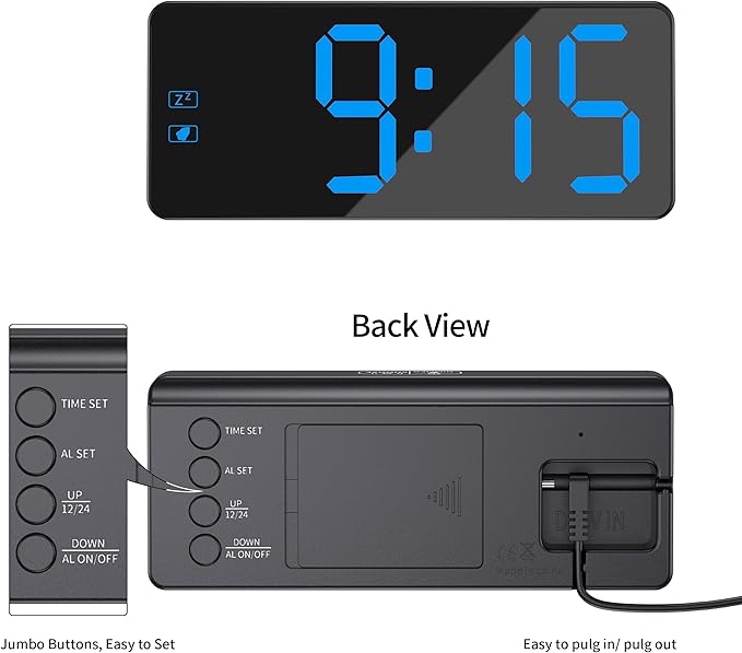 KWANWA Digital Alarm Clock with 3-Level Dimmer & Battery Backup | 2.4" Jumbo LED Display, Auto Night Mode, 7-Min Snooze, Dual Power (UL Adapter + 59in Cord) | Compact for Bedroom, Travel, Office