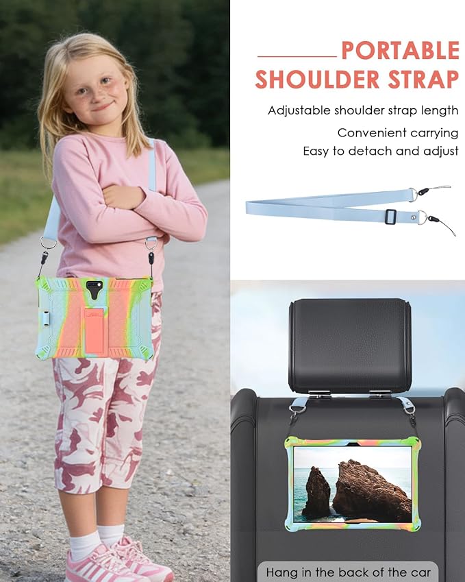 DETUOSI Feonal 10 inch Silicone Case with Shoulder Strap & Stylus Pen, Multi-Angle Stand Tablet Case, Soft Lightweight Cover for Winsing MTK 10 inch Tablet, ANTEMPER Touch, Orange Pink & Blue